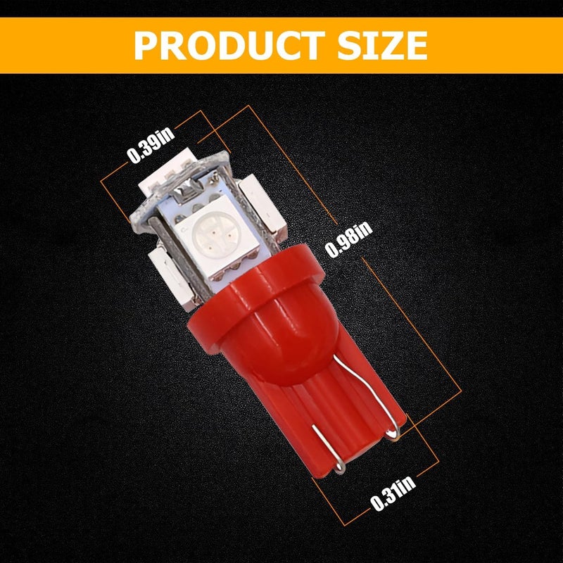 HZEL 20PCS T10 194 Car LED Light Bulb, 5SMD 5050 12V 168 W5W 2825 Vehicle Wedge License Plate Bulb, Automotive Interior Dome Map Door Trunk Courtesy Dash Lamps Accessories, Universal Fit (Red) - Image 2